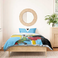 Sky blue bedding set with parrot and red roses, black triangle accent on pillowcases