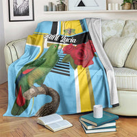 Sky blue Saint Lucia blanket with yellow stripes, black panel, parrot and red roses