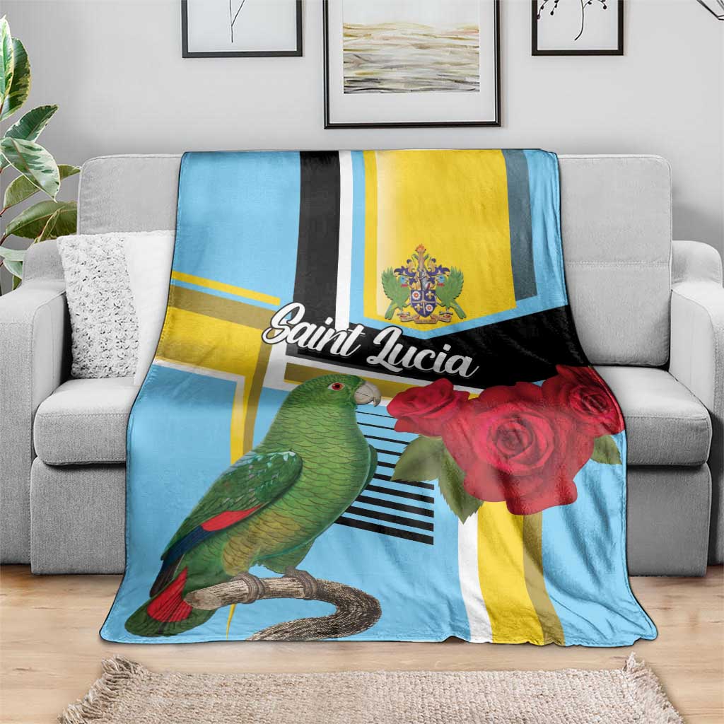 Sky blue blanket with yellow and black bands, parrot and red rose print, Saint Lucia text