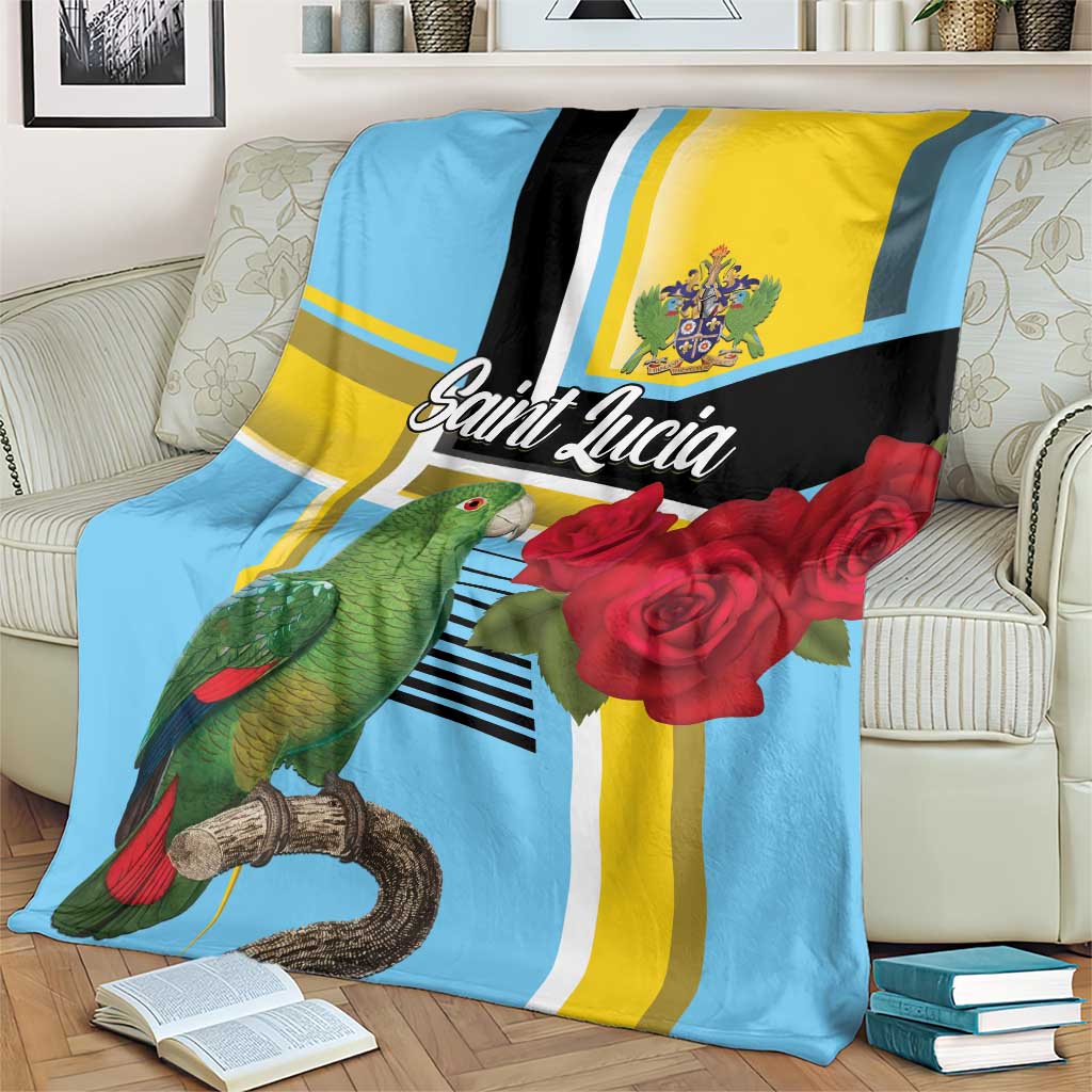 Sky blue blanket draped on sofa with parrot and red rose artwork, Saint Lucia lettering