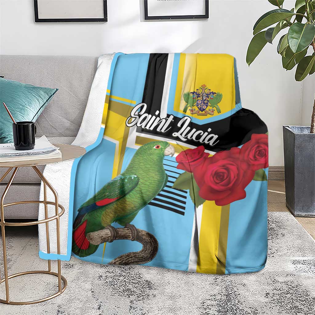 Sky blue blanket on chair with parrot and red rose print, yellow and black geometric bands