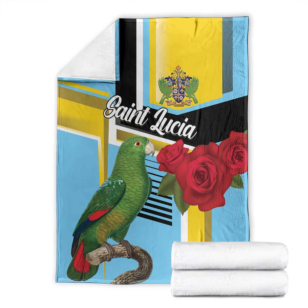 Stacked Saint Lucia blanket set: sky blue, yellow and black bands with parrot and red roses