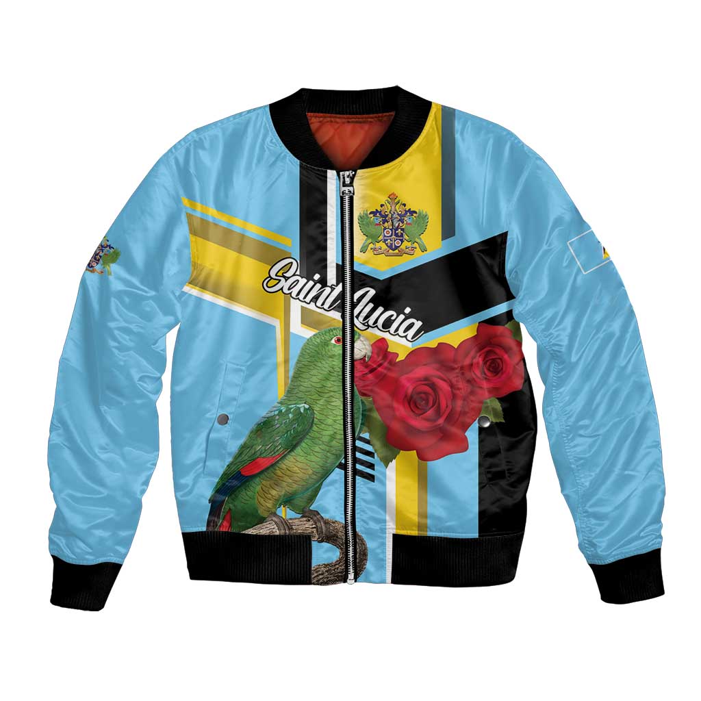 Sky blue unisex bomber jacket with front zipper, parrot, roses and Saint Lucia flag print