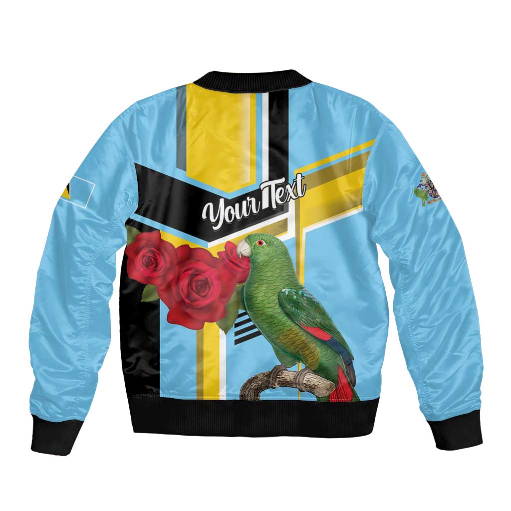 Sky blue unisex bomber jacket back with black rib trim, parrot and roses over flag stripes