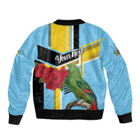 Sky blue unisex bomber jacket back with black rib trim, parrot and roses over flag stripes