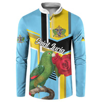 Sky blue button sweatshirt with parrot, rose graphic, and striped panel design