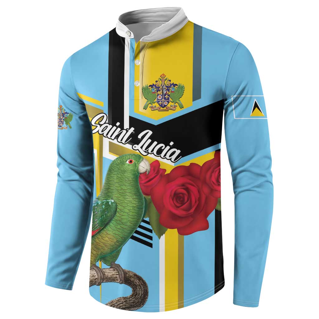 Sky blue button sweatshirt featuring parrot and red rose graphic on striped panels
