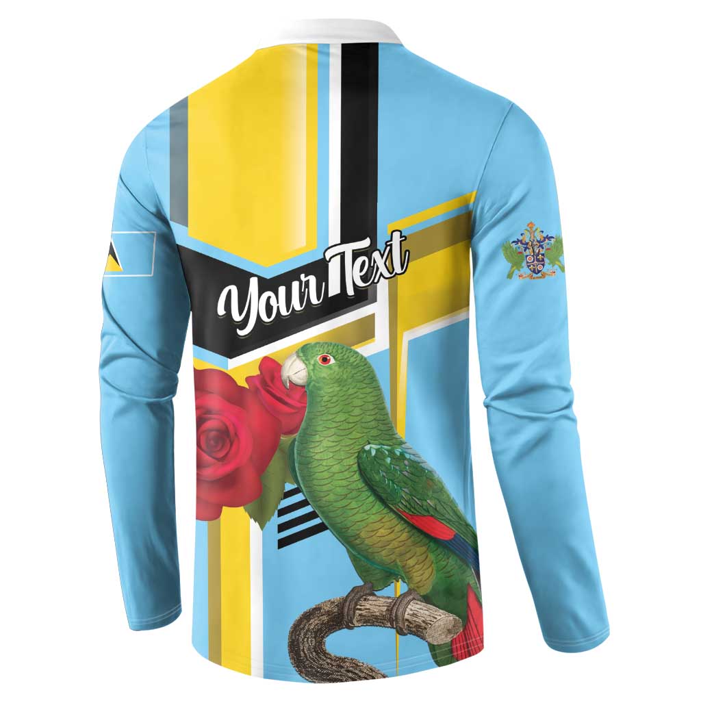 Sky blue button sweatshirt back with parrot, roses, and “Your Text” print