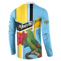 Sky blue button sweatshirt back with parrot, roses, and “Your Text” print