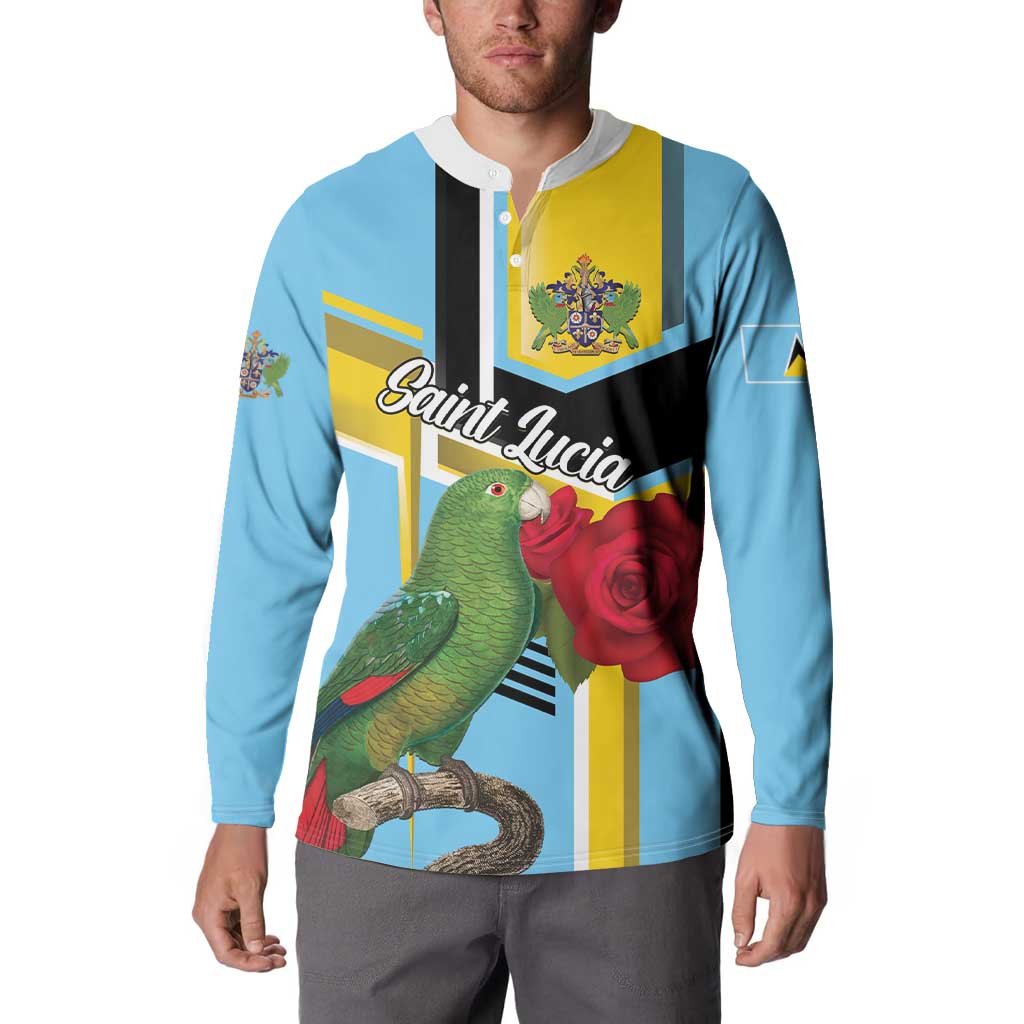 Sky blue button sweatshirt on model with parrot, rose, and crest badge artwork