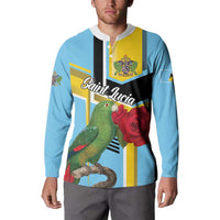 Sky blue button sweatshirt on model with parrot, rose, and crest badge artwork