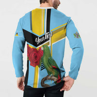 Sky blue button sweatshirt on model with back “Your Text”, parrot, and rose print