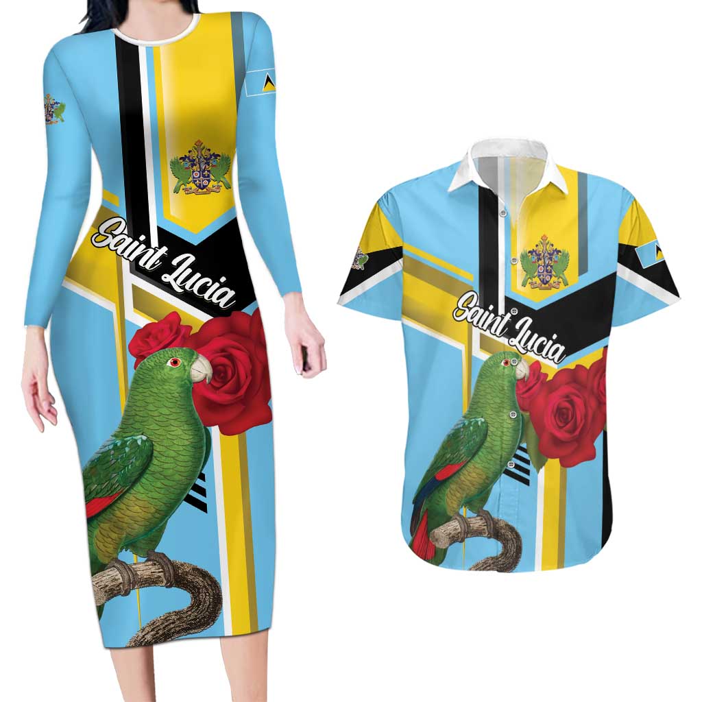 Personalized Saint Lucia Couples Matching Long Sleeve Bodycon Dress and Hawaiian Shirt Jacquot Parrot Rosie Floral