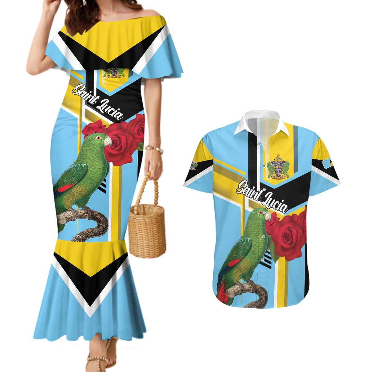 Personalized Saint Lucia Couples Matching Mermaid Dress and Hawaiian Shirt Jacquot Parrot Rosie Floral