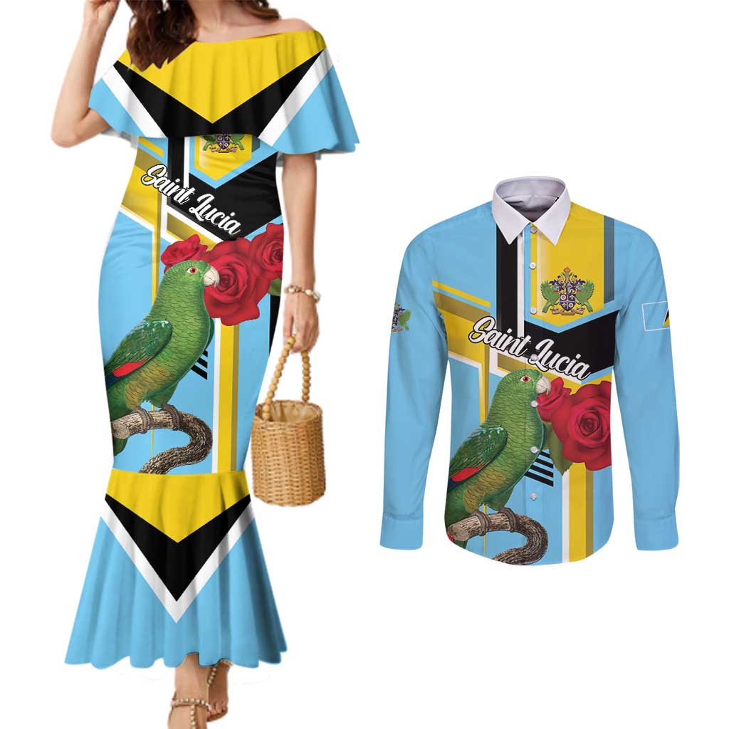 Personalized Saint Lucia Couples Matching Mermaid Dress and Long Sleeve Button Shirt Jacquot Parrot Rosie Floral