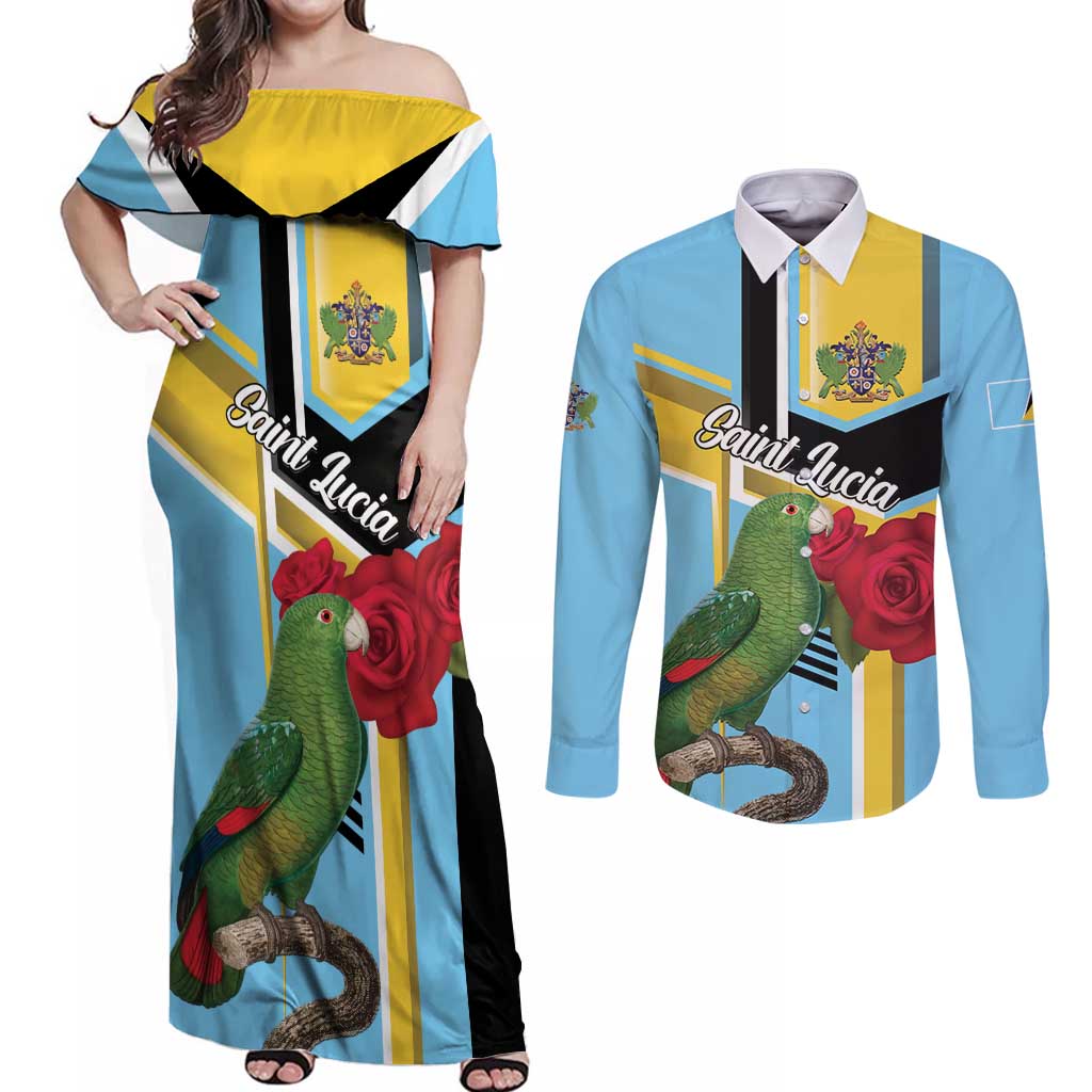 Personalized Saint Lucia Couples Matching Off Shoulder Maxi Dress and Long Sleeve Button Shirt Jacquot Parrot Rosie Floral