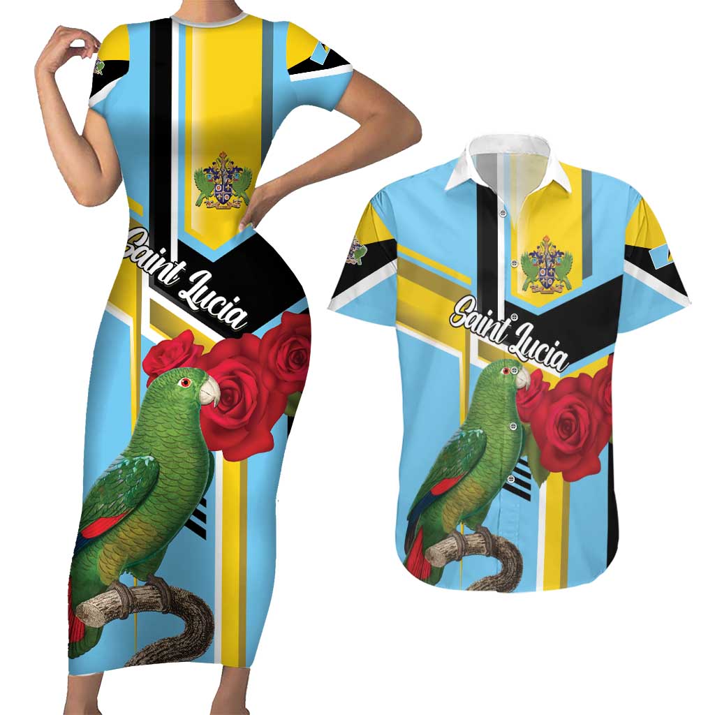 Personalized Saint Lucia Couples Matching Short Sleeve Bodycon Dress and Hawaiian Shirt Jacquot Parrot Rosie Floral