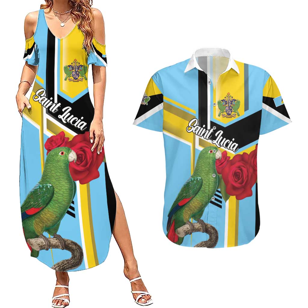 Personalized Saint Lucia Couples Matching Summer Maxi Dress and Hawaiian Shirt Jacquot Parrot Rosie Floral