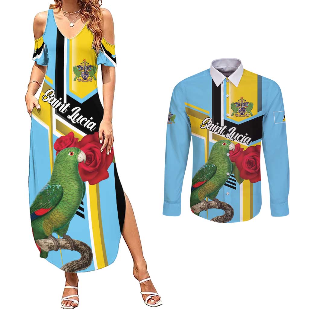 Personalized Saint Lucia Couples Matching Summer Maxi Dress and Long Sleeve Button Shirt Jacquot Parrot Rosie Floral