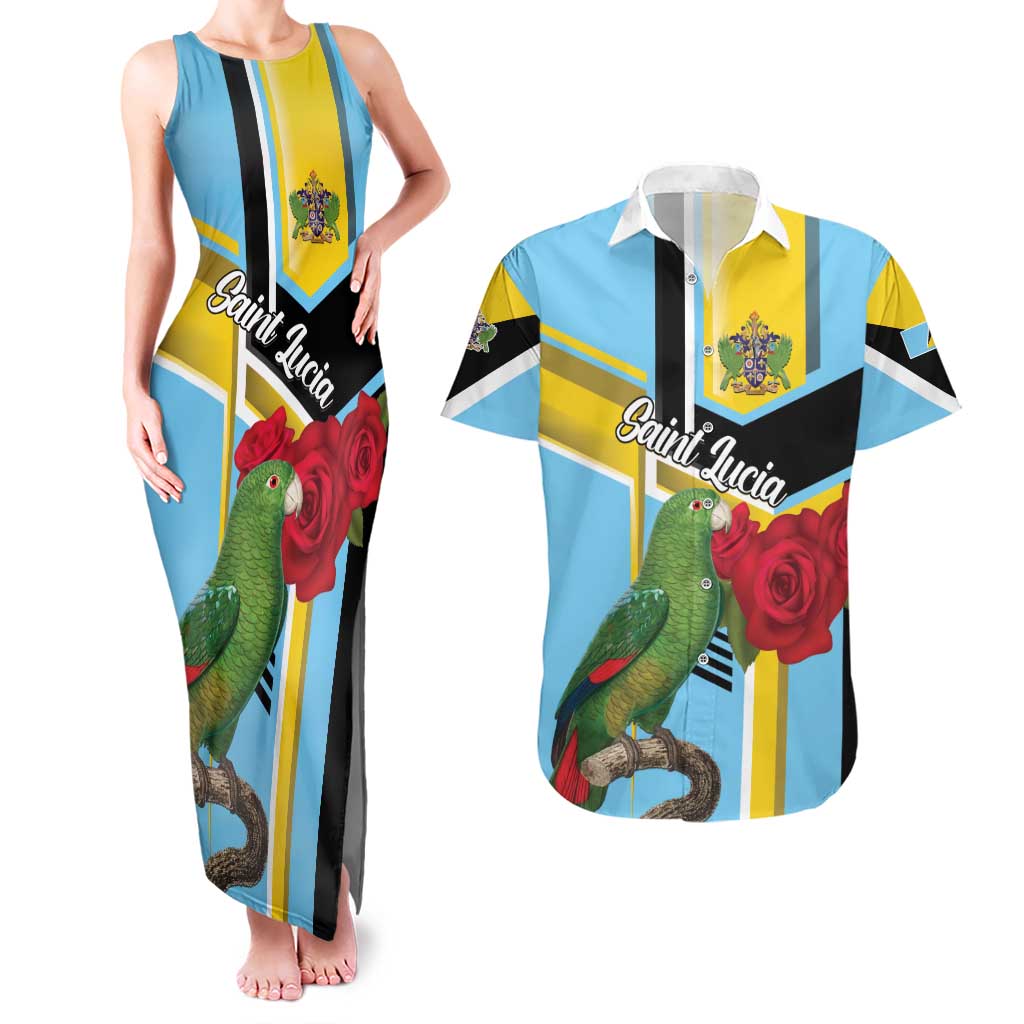 Personalized Saint Lucia Couples Matching Tank Maxi Dress and Hawaiian Shirt Jacquot Parrot Rosie Floral