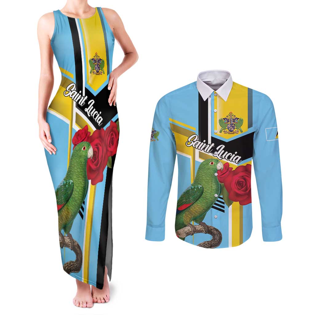 Personalized Saint Lucia Couples Matching Tank Maxi Dress and Long Sleeve Button Shirt Jacquot Parrot Rosie Floral