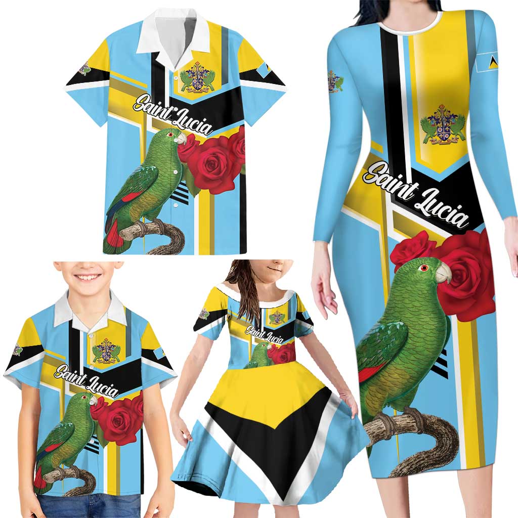 Personalized Saint Lucia Family Matching Long Sleeve Bodycon Dress and Hawaiian Shirt Jacquot Parrot Rosie Floral