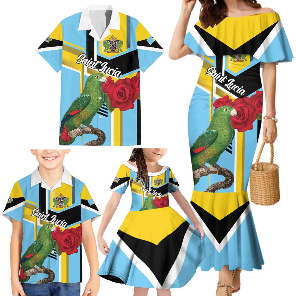 Personalized Saint Lucia Family Matching Mermaid Dress and Hawaiian Shirt Jacquot Parrot Rosie Floral