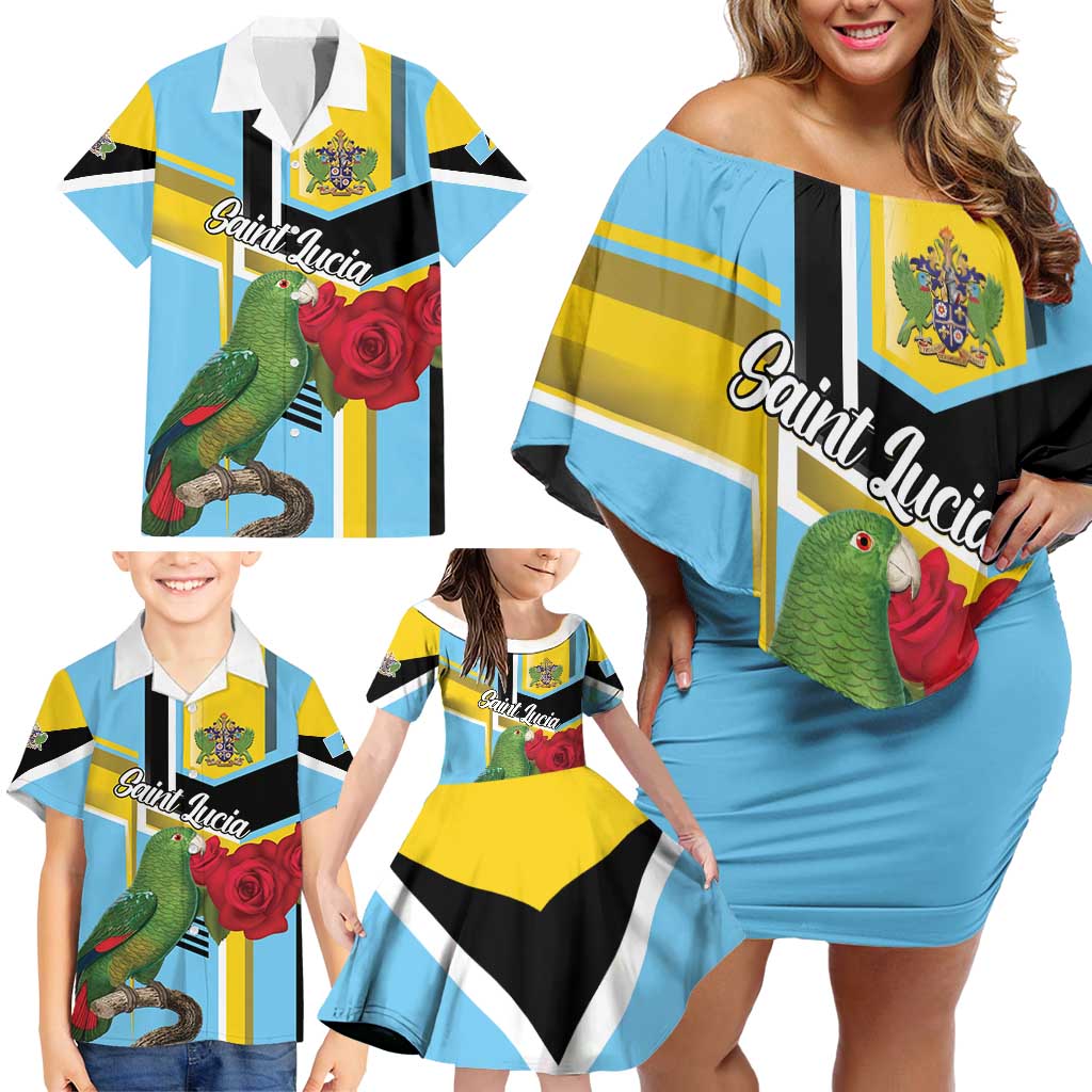 Personalized Saint Lucia Family Matching Off Shoulder Short Dress and Hawaiian Shirt Jacquot Parrot Rosie Floral