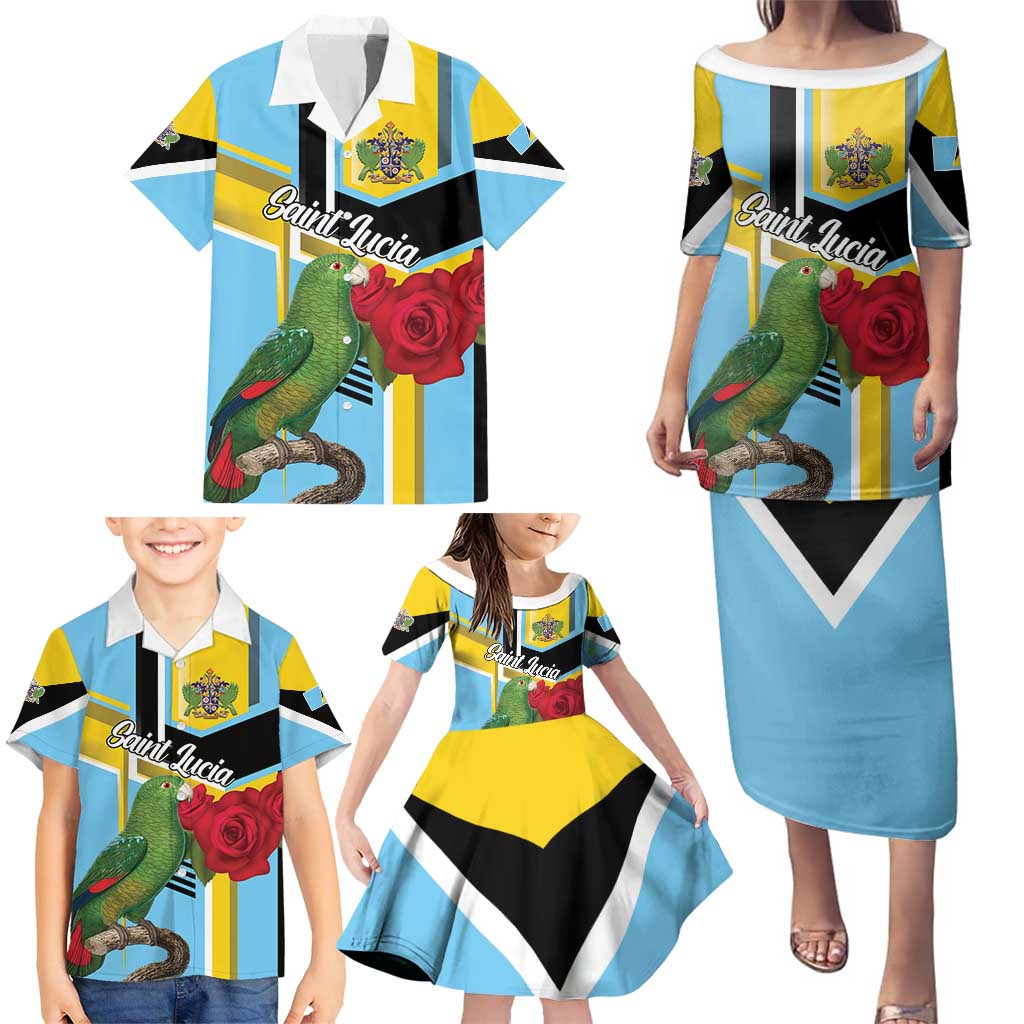 Personalized Saint Lucia Family Matching Puletasi and Hawaiian Shirt Jacquot Parrot Rosie Floral