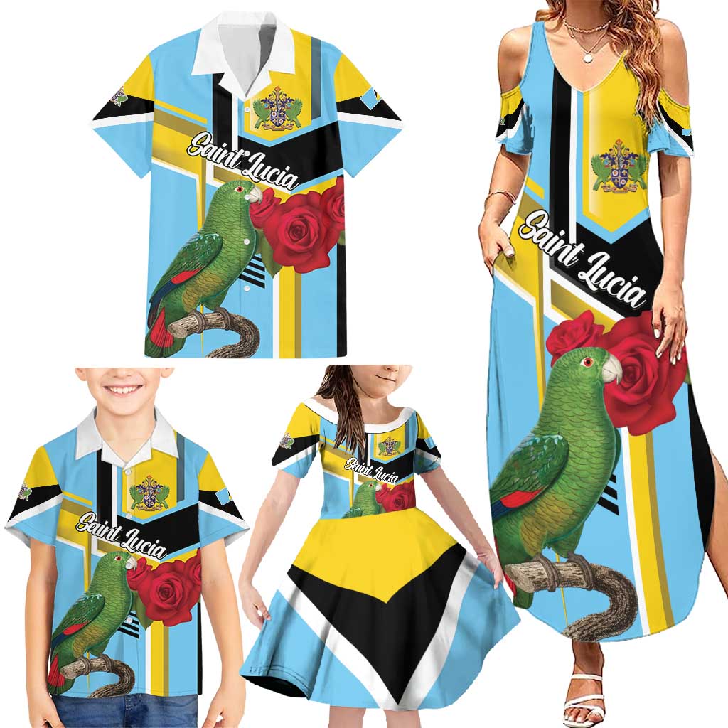 Personalized Saint Lucia Family Matching Summer Maxi Dress and Hawaiian Shirt Jacquot Parrot Rosie Floral