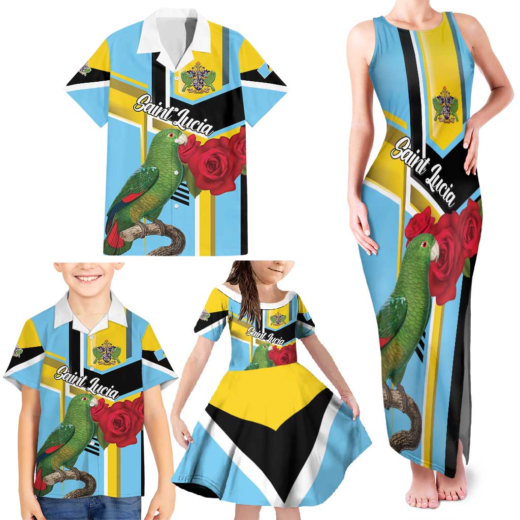 Personalized Saint Lucia Family Matching Tank Maxi Dress and Hawaiian Shirt Jacquot Parrot Rosie Floral