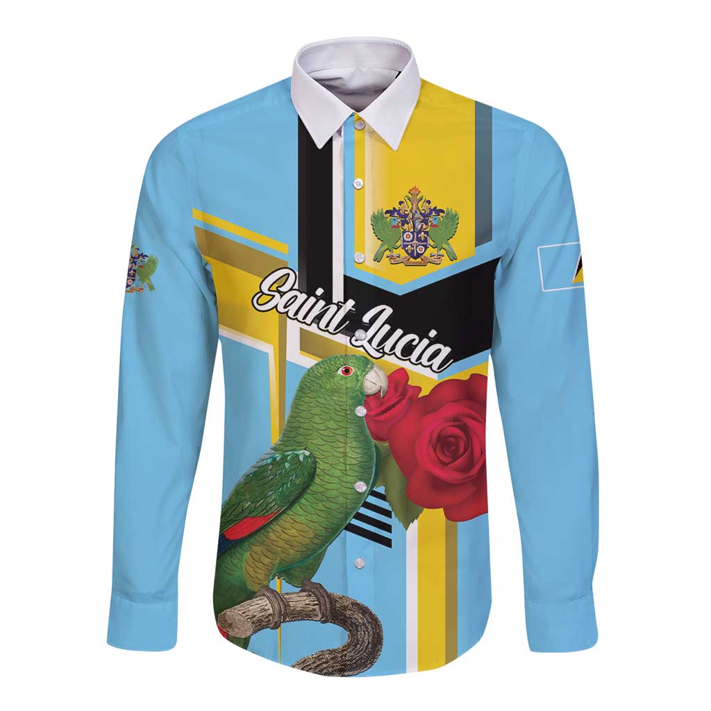 Sky blue long-sleeve button shirt with parrot, rose, and Saint Lucia text on front