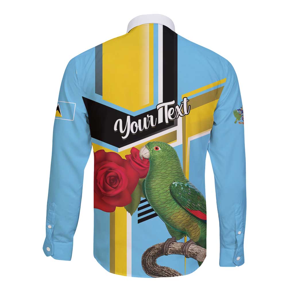 Sky blue long-sleeve button shirt with parrot and red roses on striped back, 'Your Next' text