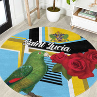 Round carpet with parrot, red roses, and geometric blue-yellow pattern