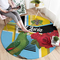 Round carpet featuring parrot beside red roses on blue-striped block design