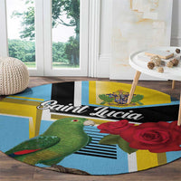 Round carpet with parrot and red roses on bold blue, black, and yellow shapes
