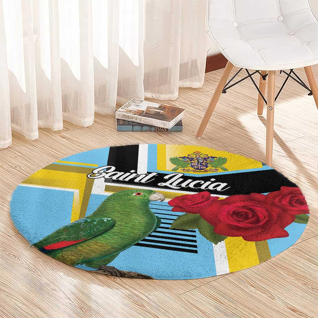 Round carpet with parrot, red roses, and Saint Lucia script motif