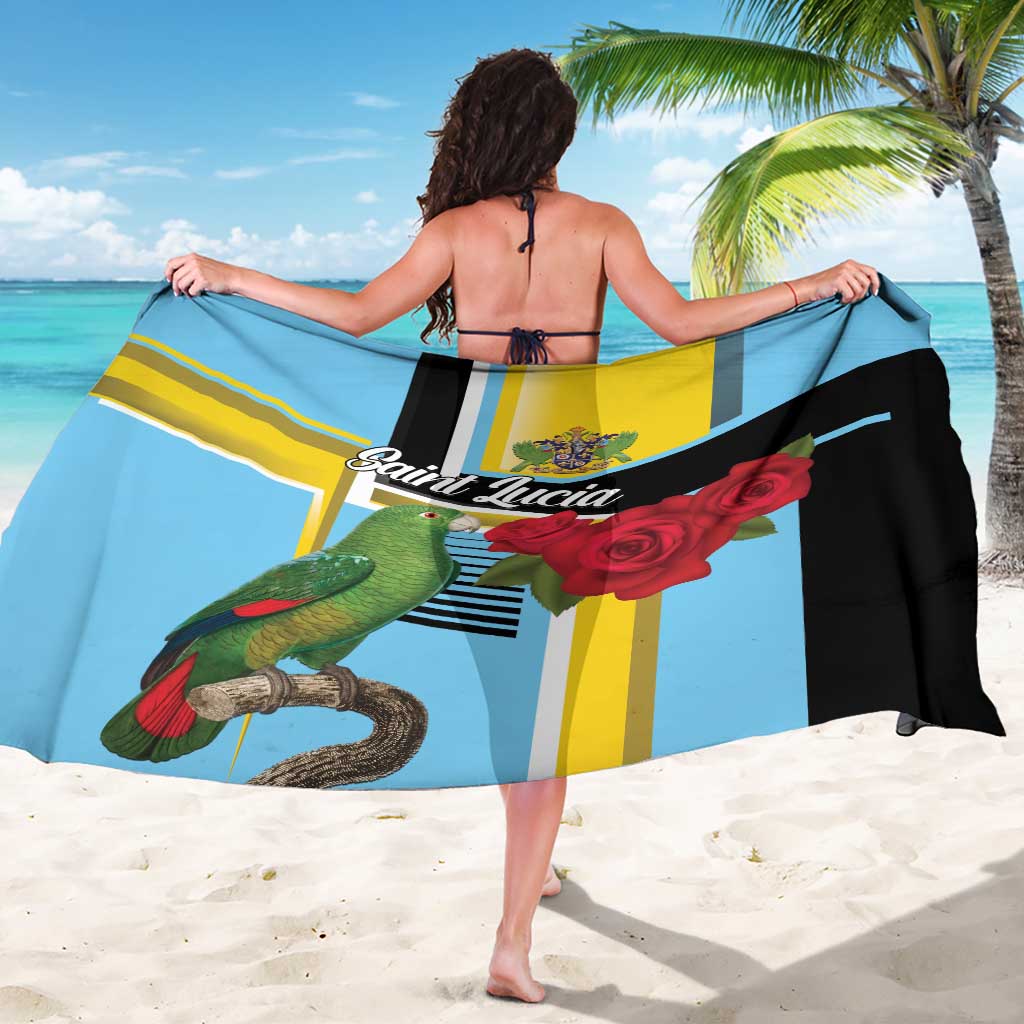 Sky blue parrot-and-rose sarong with yellow and black diagonal stripe panels