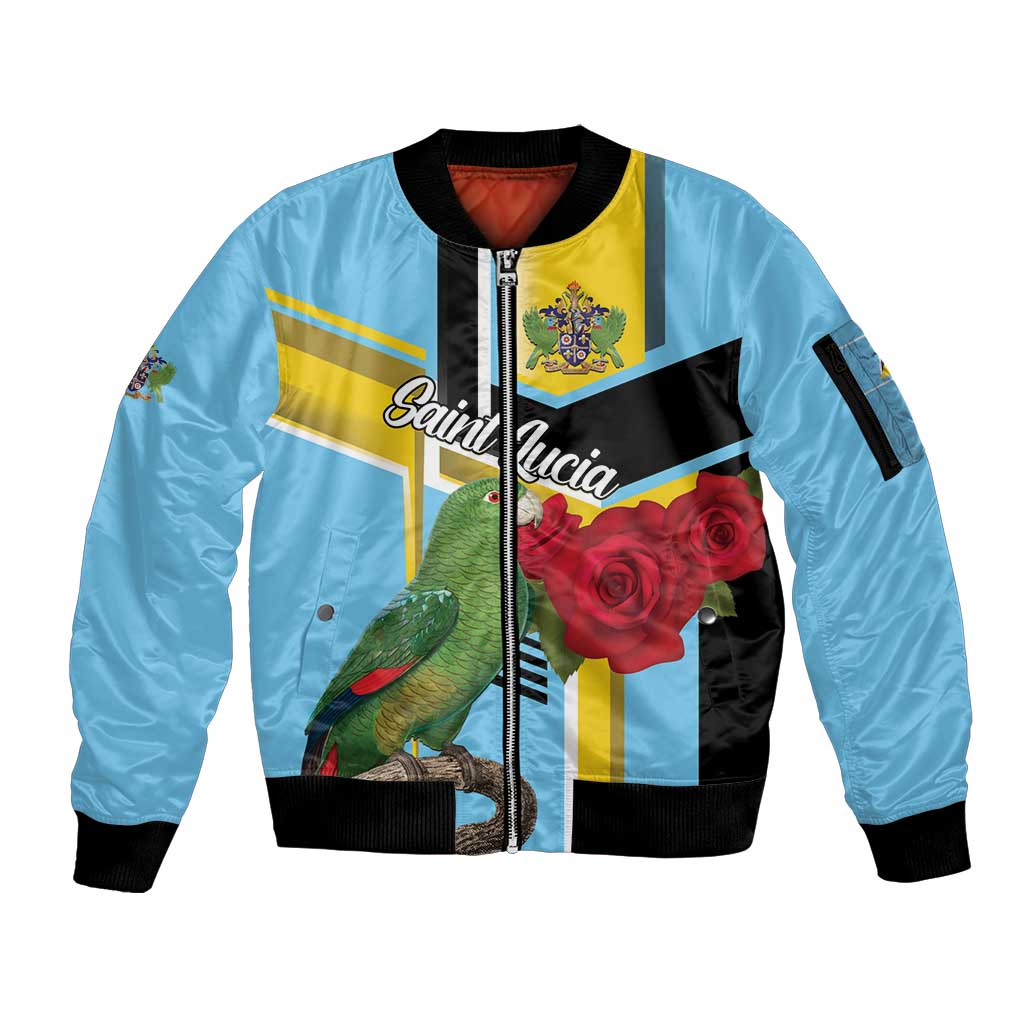 Personalized Saint Lucia Sleeve Zip Bomber Jacket Jacquot Parrot Rosie Floral - Wonder Print Shop