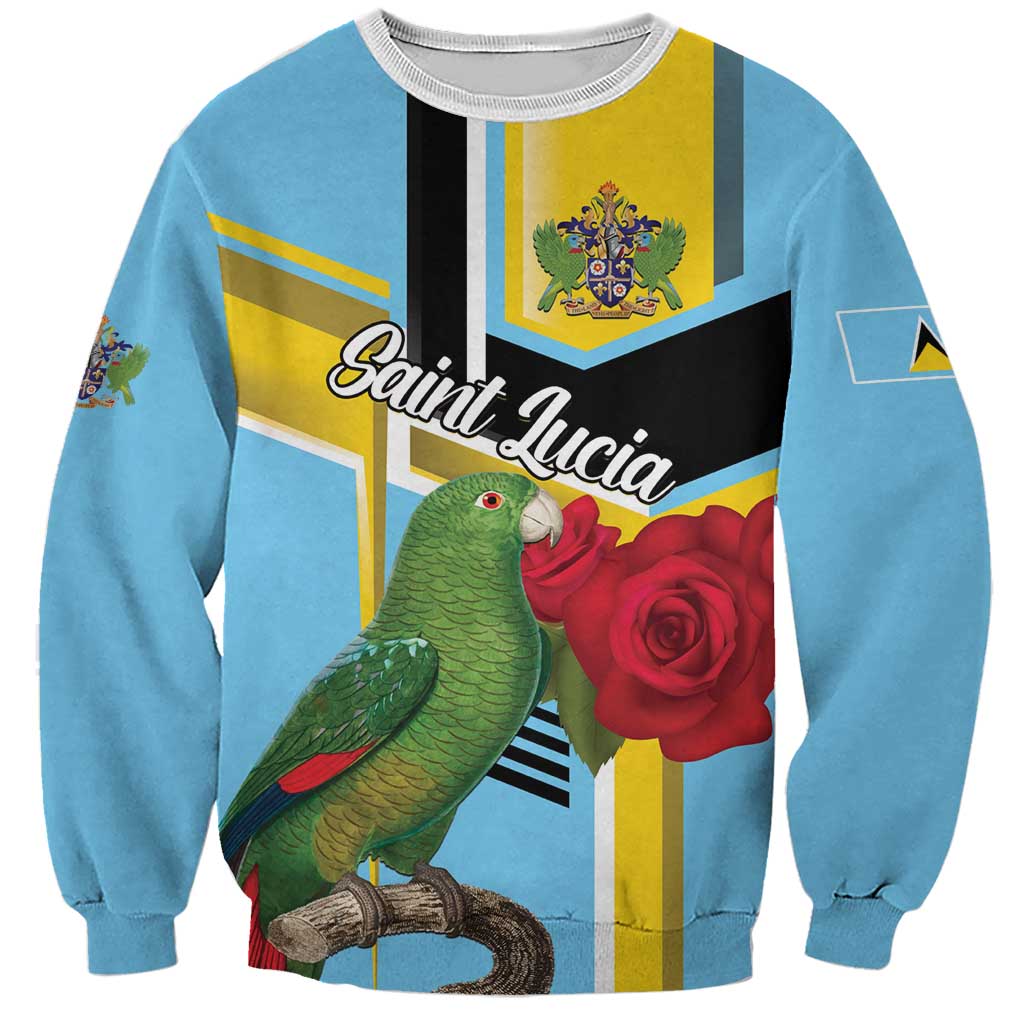 Sky blue unisex sweatshirt with Saint Lucia text, parrot and red rose front graphic