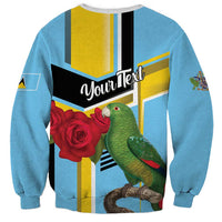 Sky blue unisex sweatshirt back with 'Your Text' panel, green parrot and red rose