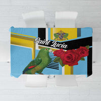 Sky blue tablecloth with parrot and rose floral graphic, black striped border