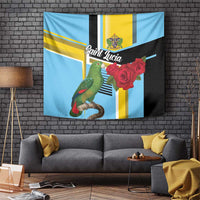 Sky blue Saint Lucia tapestry with green parrot and red rose floral design