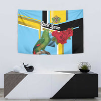 Sky blue tapestry wall hanging with green parrot, red roses, and Saint Lucia lettering
