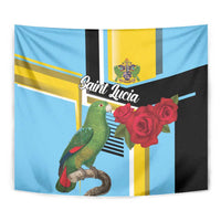 Sky blue tapestry close-up: green parrot with red roses and Saint Lucia script center