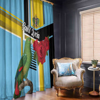 Sky blue window curtains with yellow/black stripes, green parrot and red roses, room view