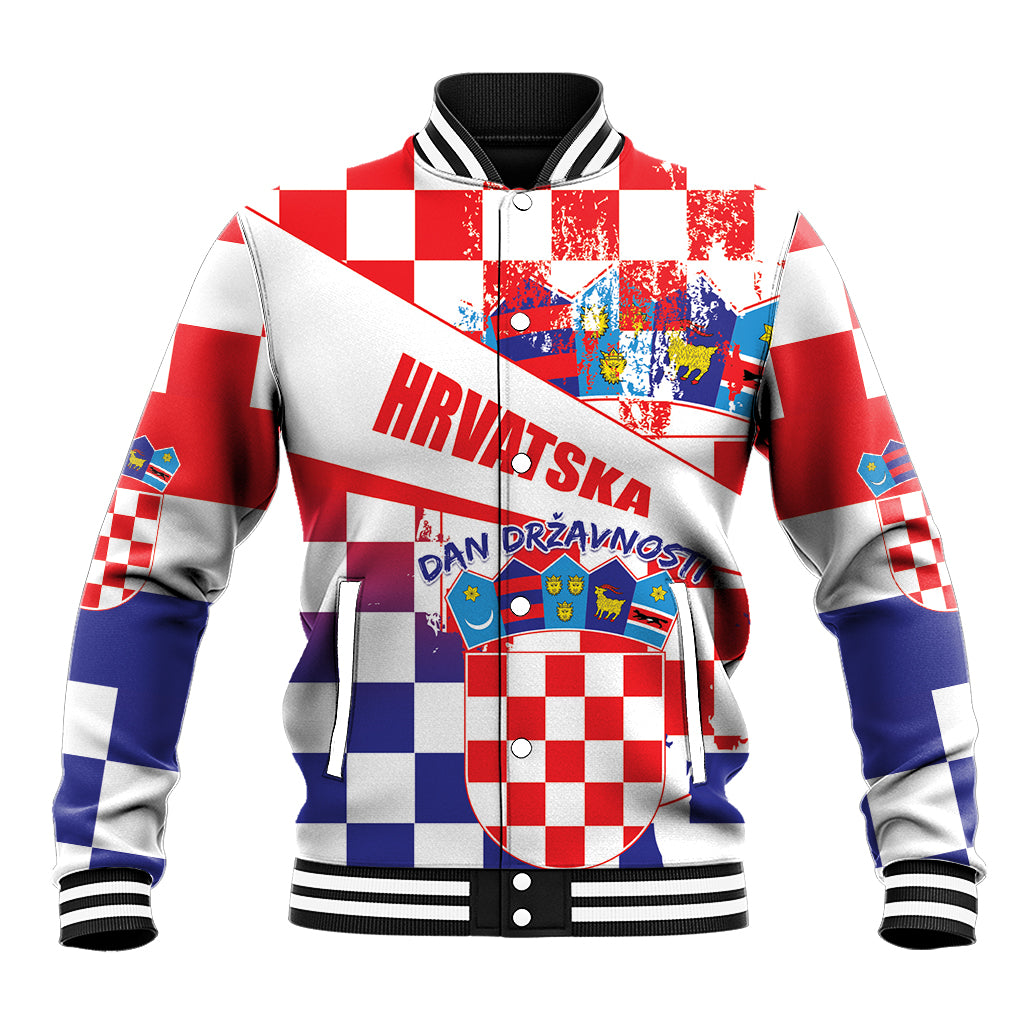 Baseball jacket with button front, checkered red/white/blue panels, front graphic patch