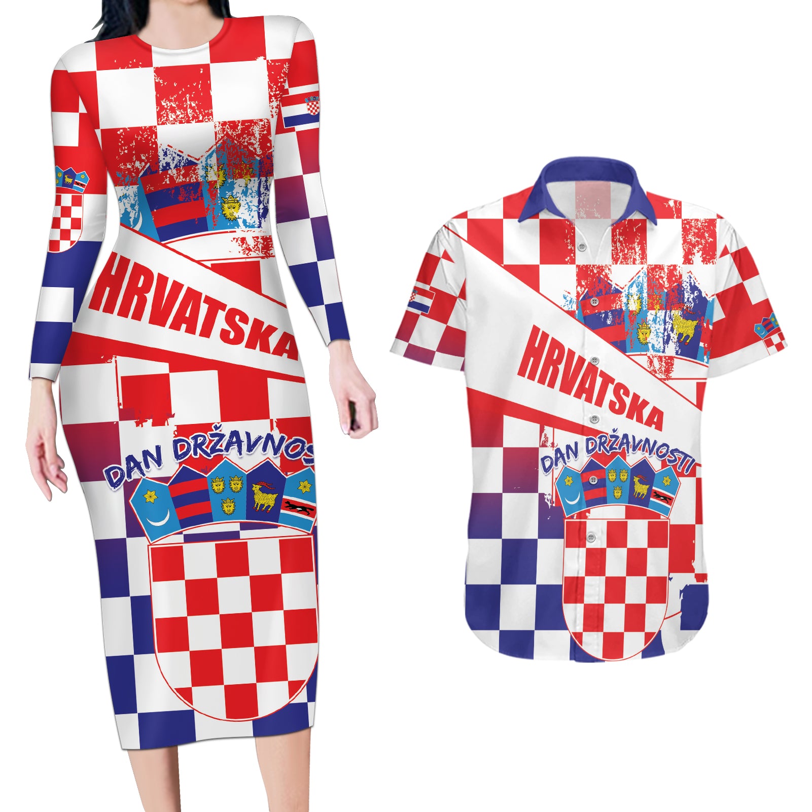 Croatia National Day 2024 Couples Matching Long Sleeve Bodycon Dress and Hawaiian Shirt Hrvatska Dan drzavnosti - Wonder Print Shop