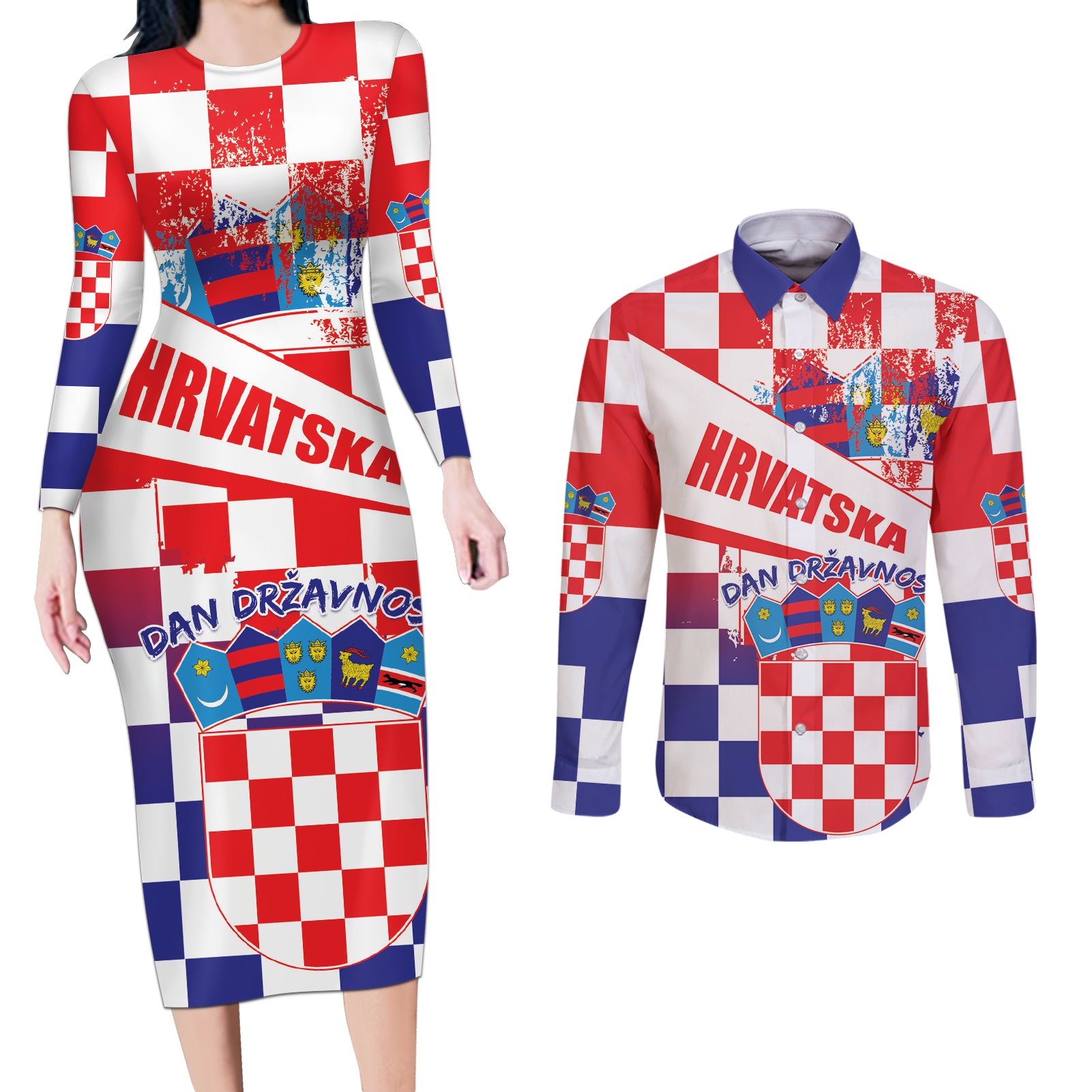 Croatia National Day 2024 Couples Matching Long Sleeve Bodycon Dress and Long Sleeve Button Shirt Hrvatska Dan drzavnosti - Wonder Print Shop