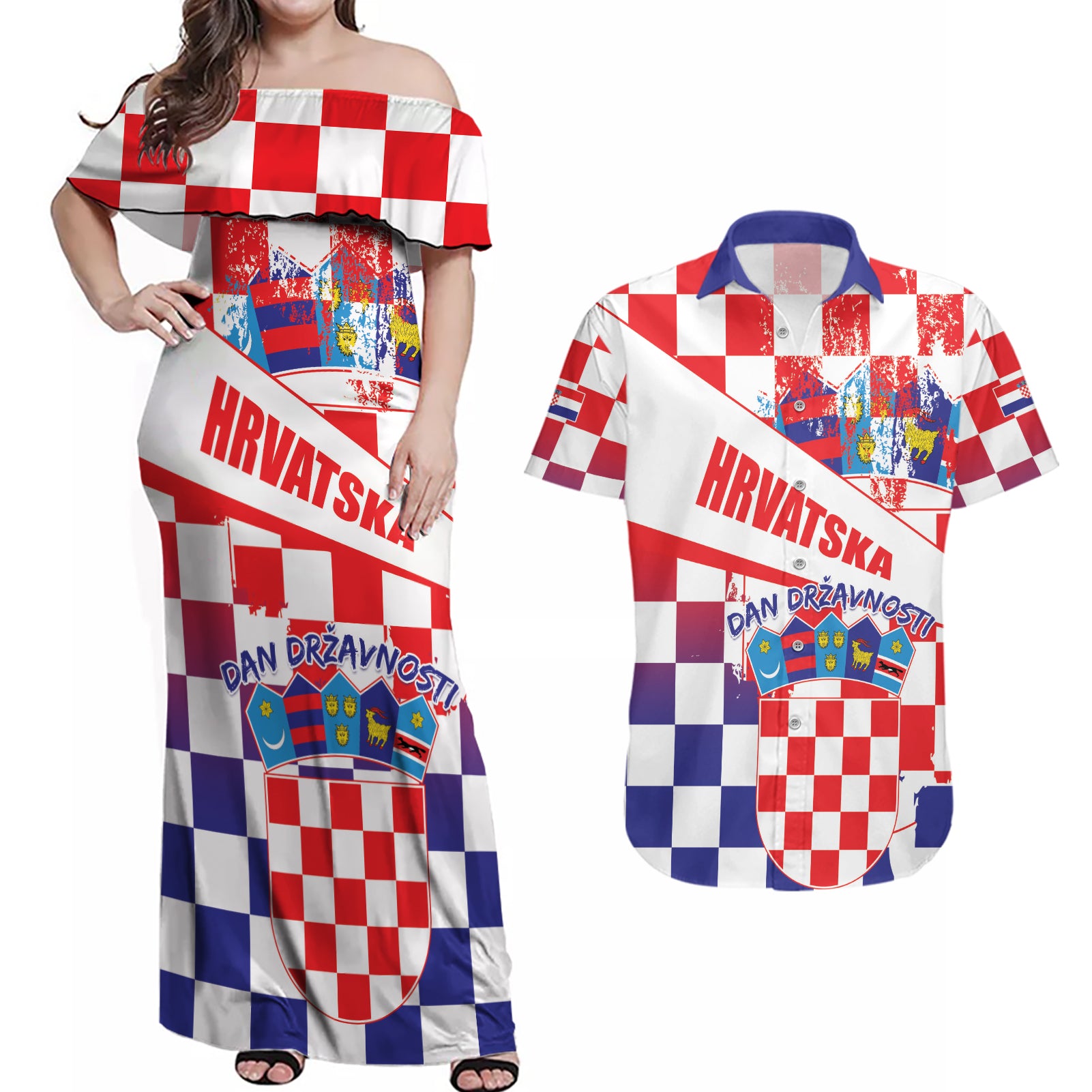 Croatia National Day 2024 Couples Matching Off Shoulder Maxi Dress and Hawaiian Shirt Hrvatska Dan drzavnosti - Wonder Print Shop